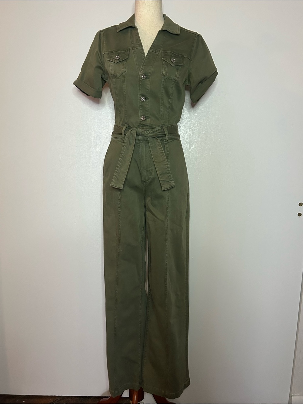 PAIGE Olive Utility Denim Jumpsuit Button Front Collared - Size 0
